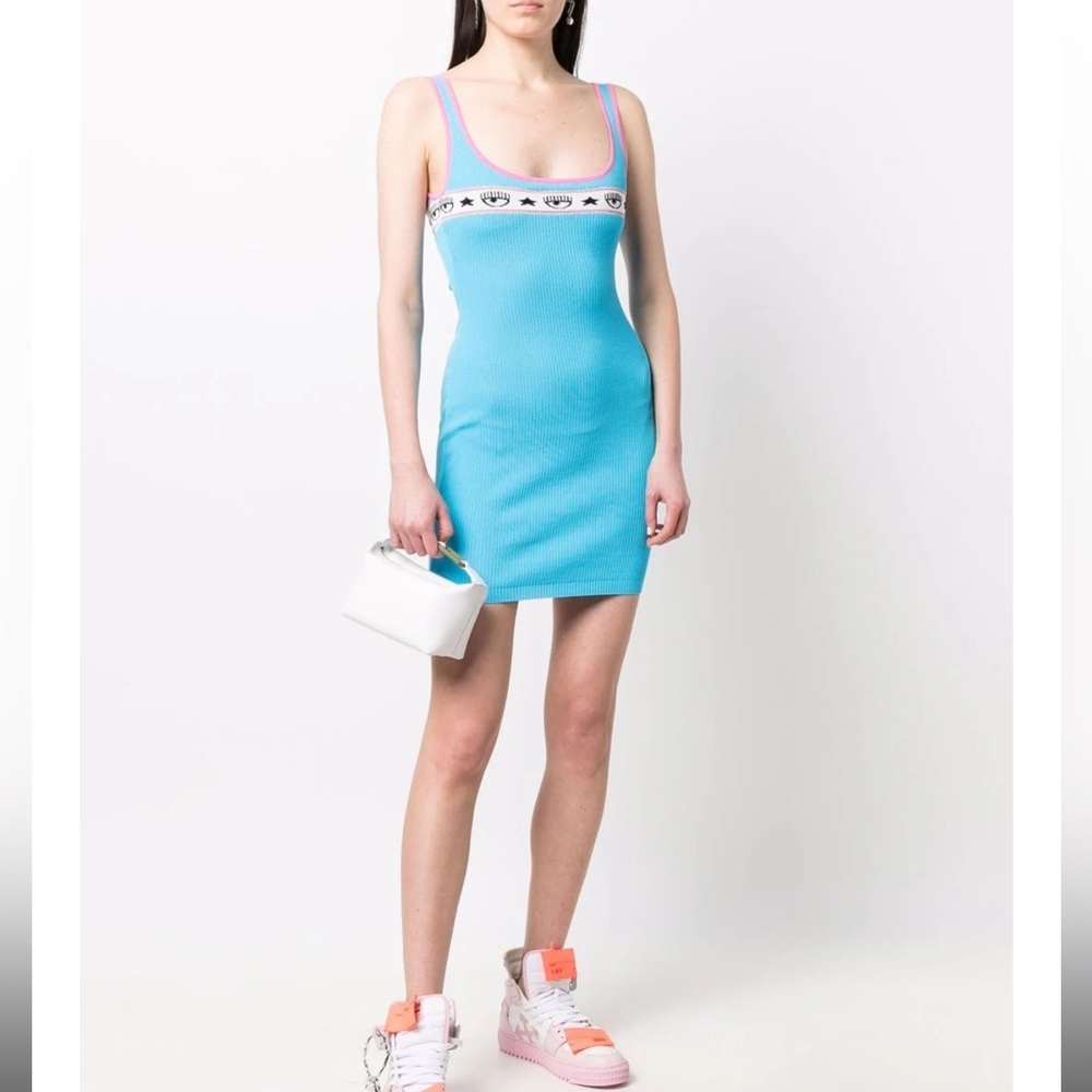Chiara Ferragni Ribbed Mini Dress in Aqua Blue with Pink Trim